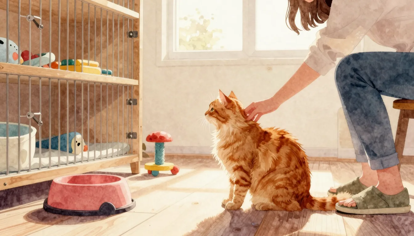 Watercolor style. A cozy cat shelter interior with warm sunl...