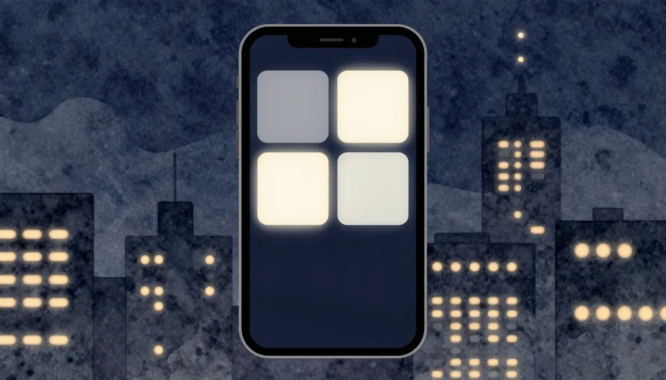 Watercolor style. A dark screen of a smartphone with four gl...