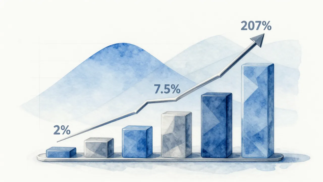 Watercolor style. Professional 3D business chart showing a 7...