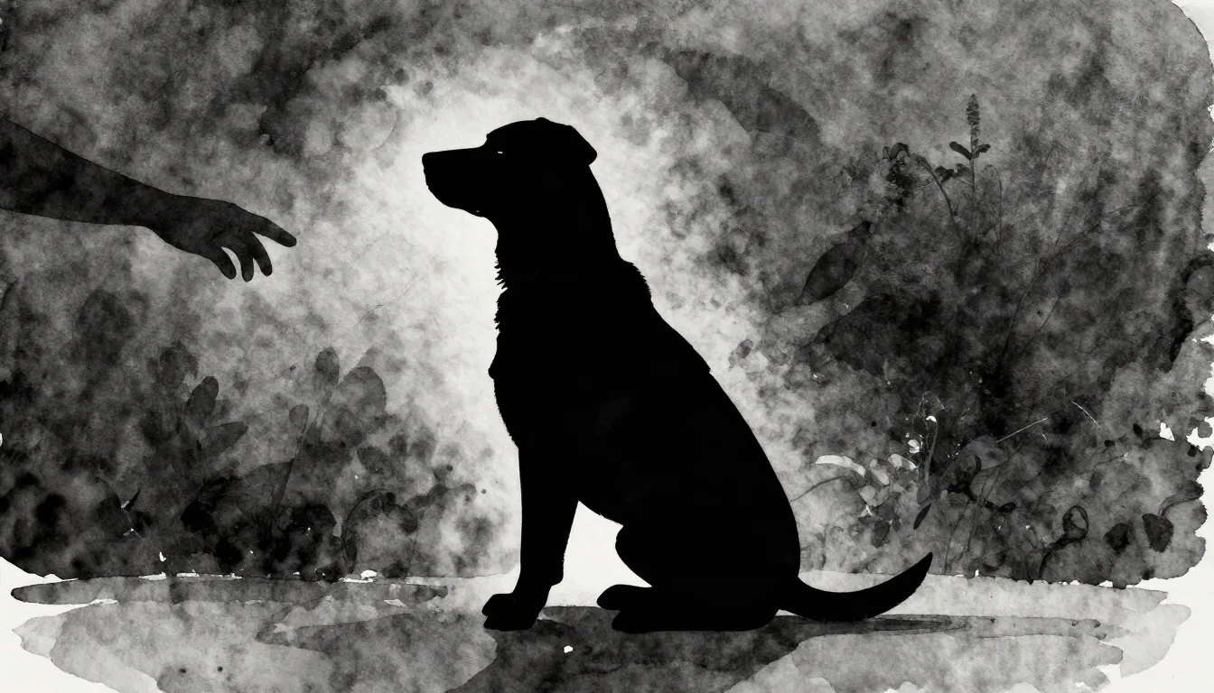 Watercolor style. Silhouette of a loyal dog sitting alone in...