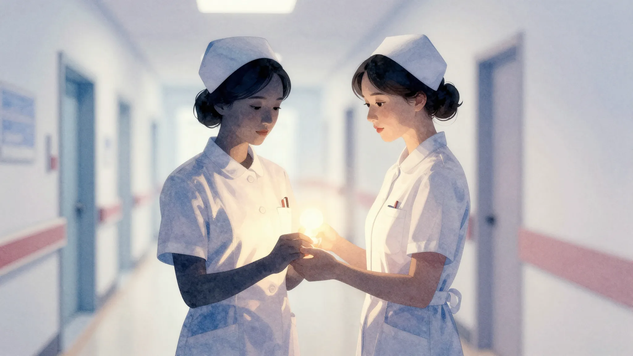 Watercolor style. A silhouette of a nurse in a classic unifo...