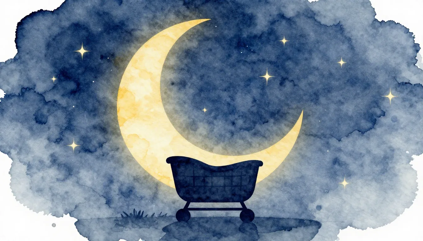 Watercolor style. Silhouette of a small cradle under a large...