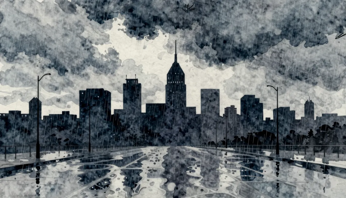 Watercolor style. A silhouette of a city skyline during a su...