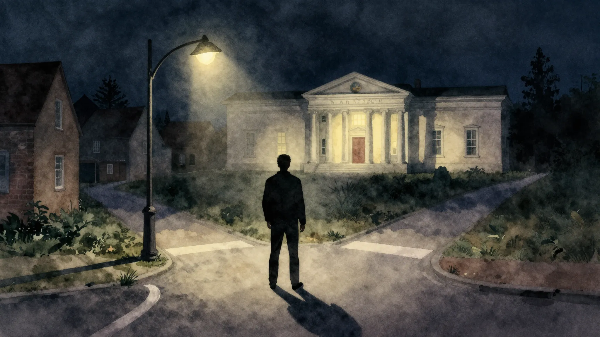 Watercolor style. A lone silhouette of a man stands at a cro...