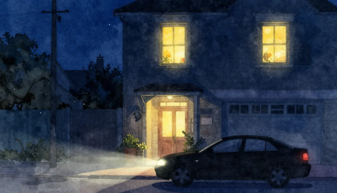 Watercolor style. Night city street, silhouette of a car wit...