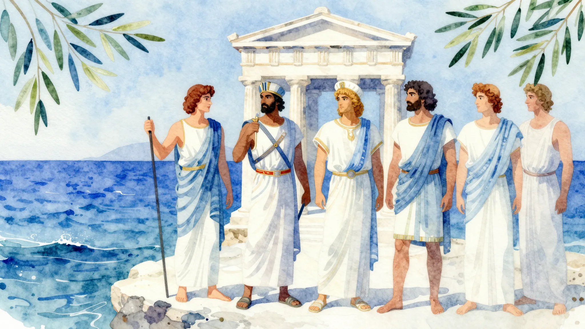 Vibrant watercolor style. Ancient Greek diaspora, proud heri...