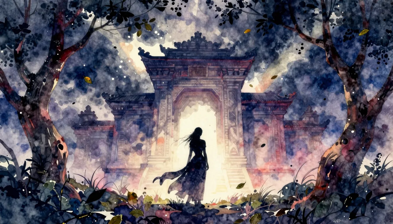 Vibrant watercolor style. Rock opera album cover. A lone, si...