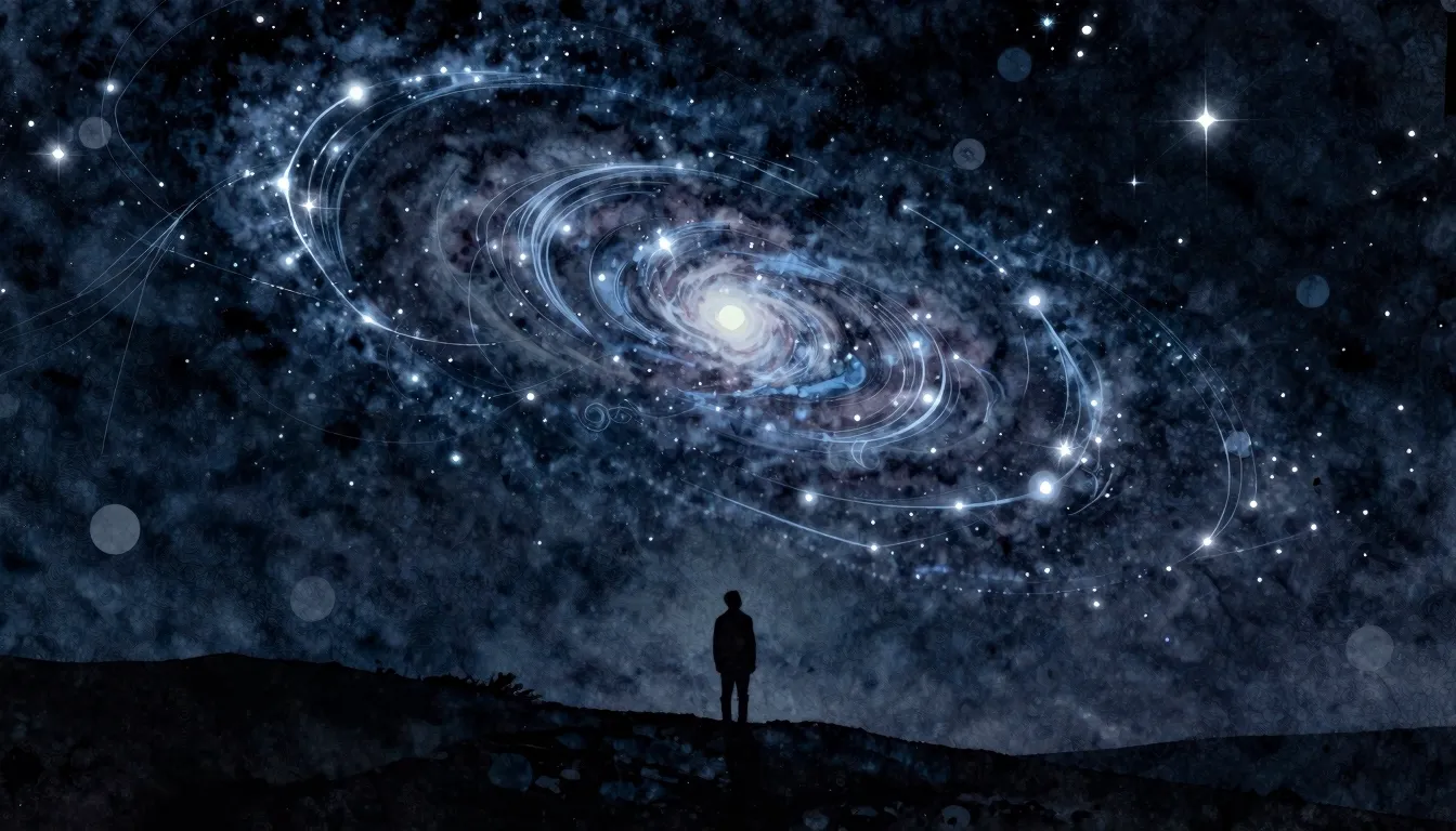 Watercolor style. A dark night sky with glowing cosmic patte...