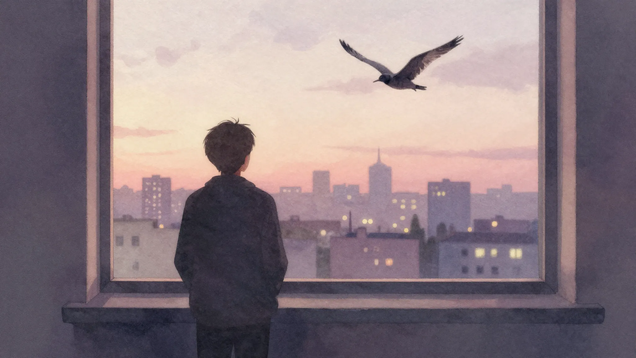 Vibrant watercolor style. Melancholic, lonely atmosphere. A ...