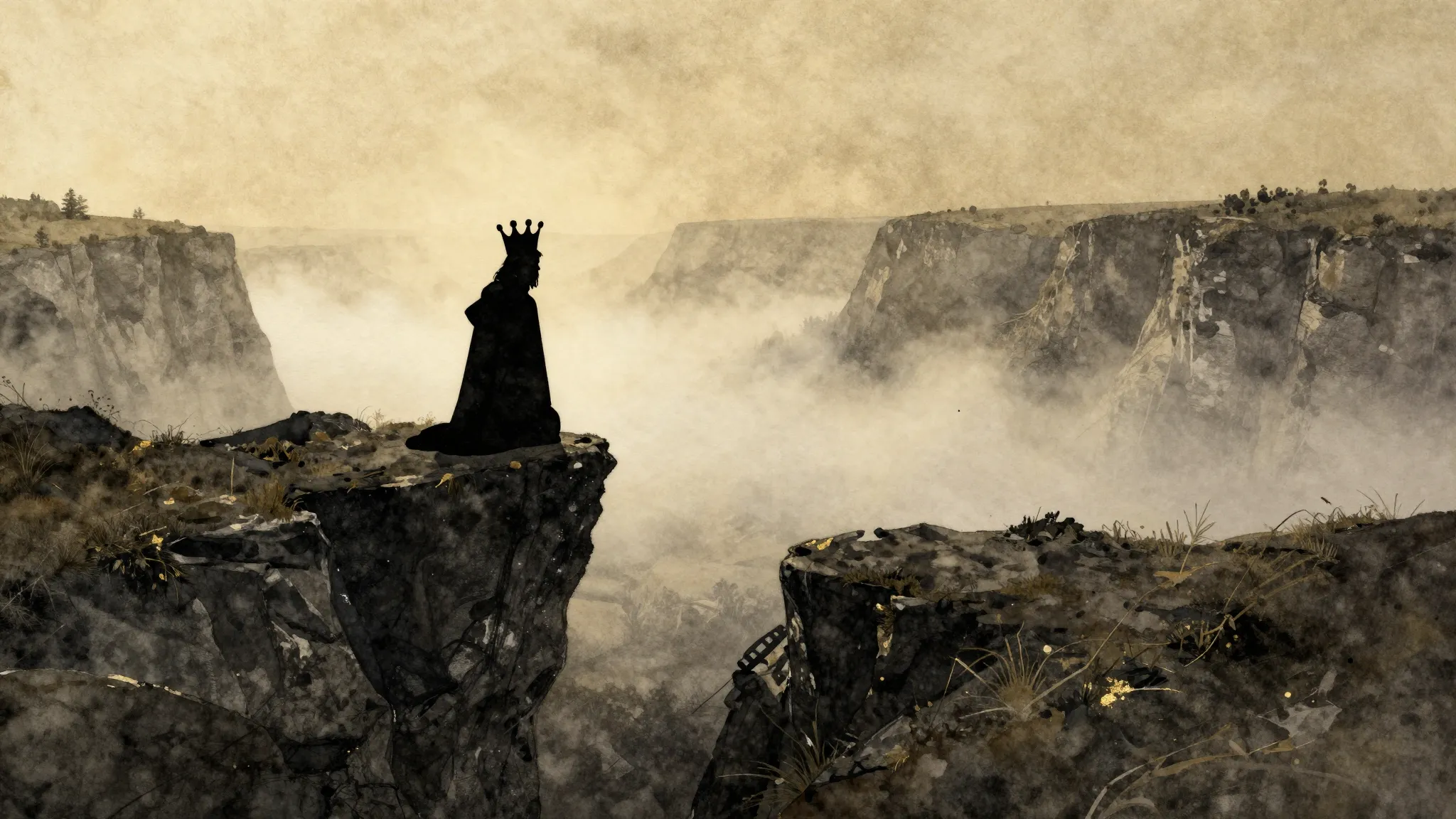 Watercolor style. A lone silhouette wearing a crown, looking...