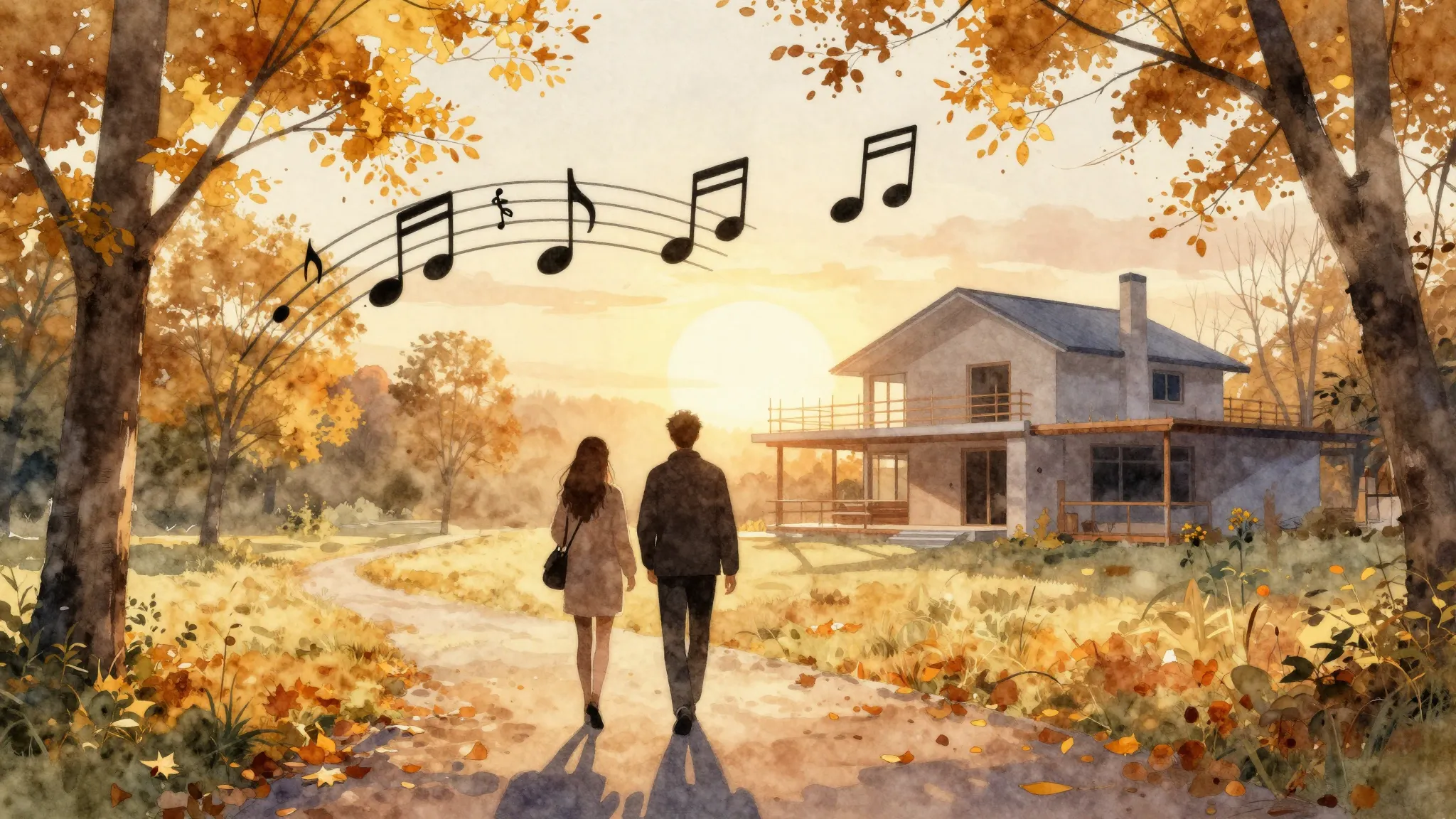 Watercolor style. A golden autumn park with silhouettes of a...