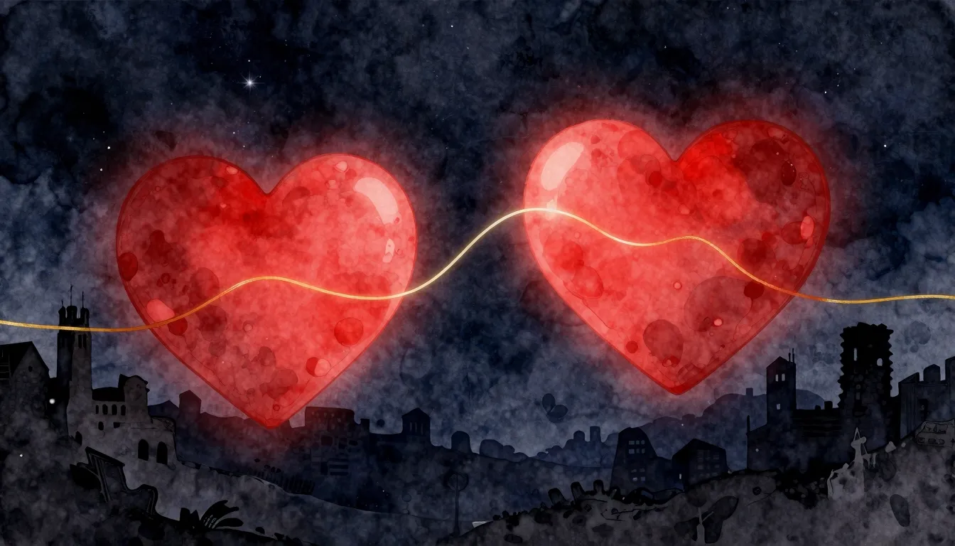 Watercolor style. A glowing red heart connected by a thin go...