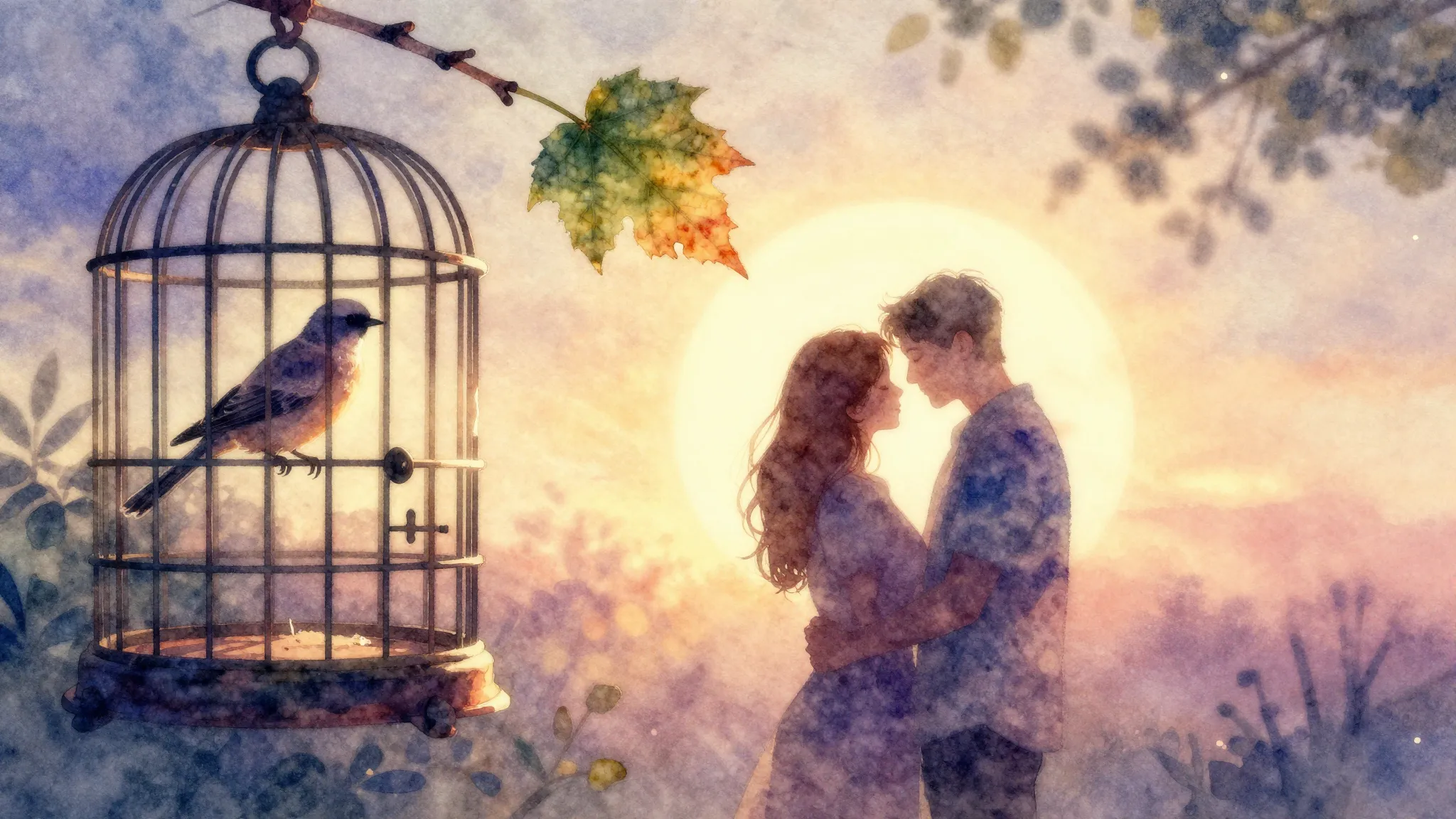 Vibrant watercolor style. Ballad album cover: a bird in a ca...