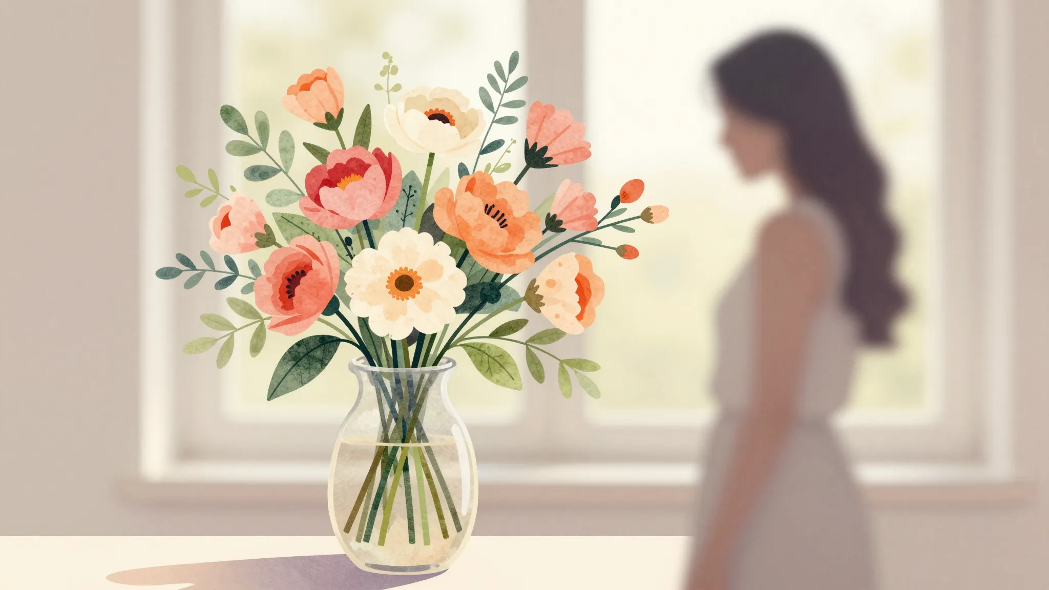 Watercolor style. A beautiful bouquet of bright flowers in a...