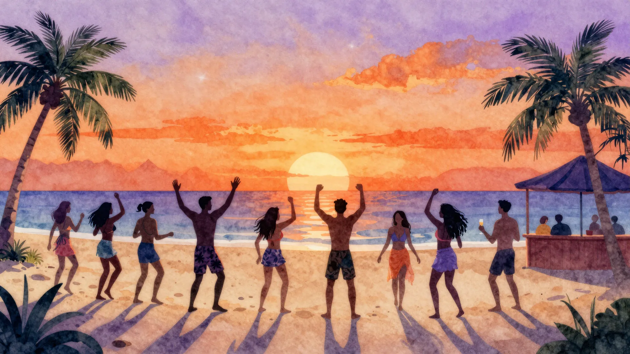 Watercolor style. A vibrant beach party at sunset, silhouett...