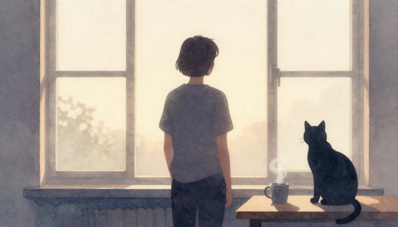 Watercolor style. A silhouette of a person standing by a win...