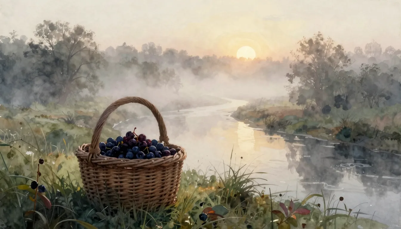 Watercolor style. A serene landscape in the early morning. A...