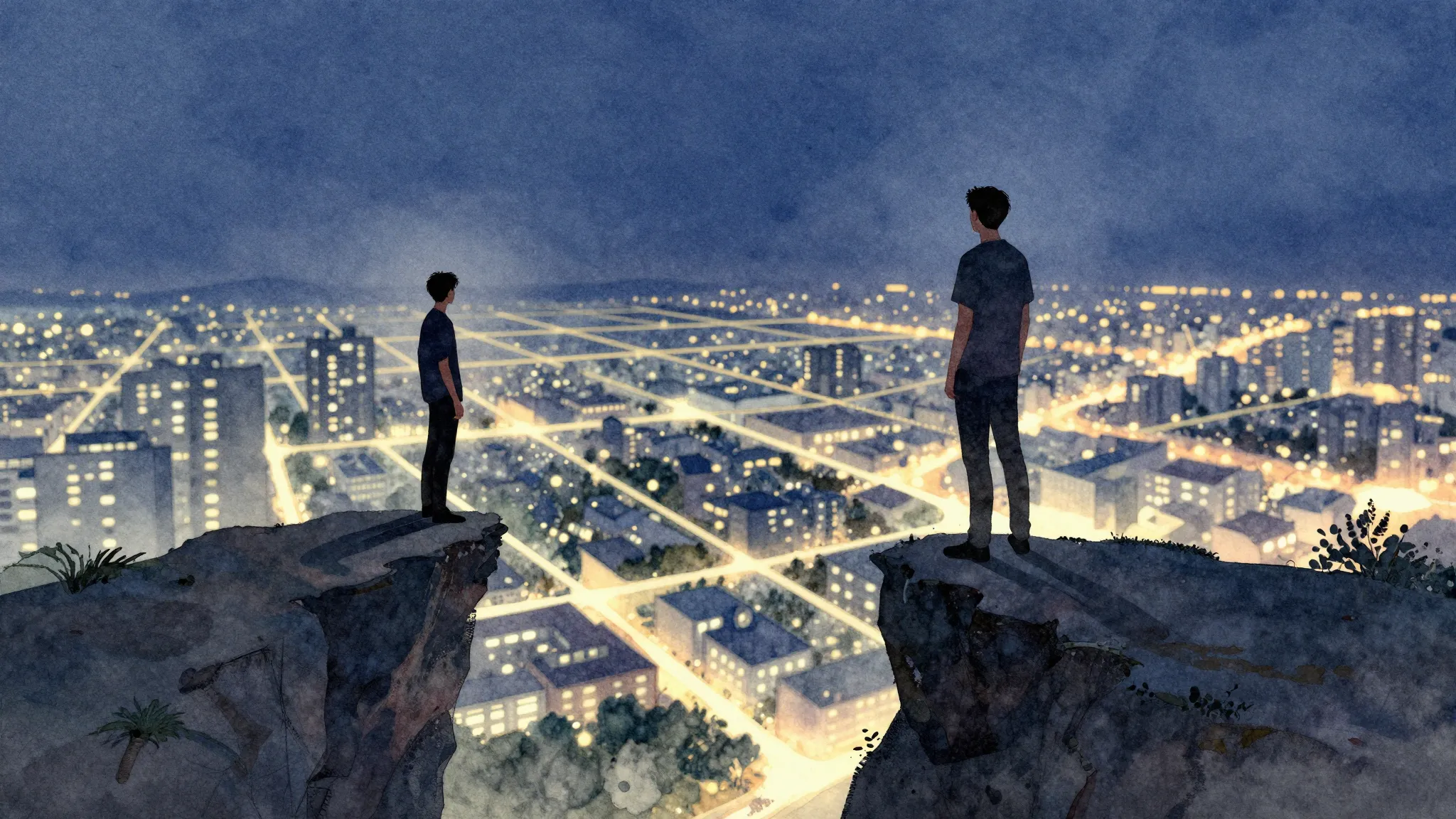 Watercolor style. A minimalist silhouette of a young man sta...