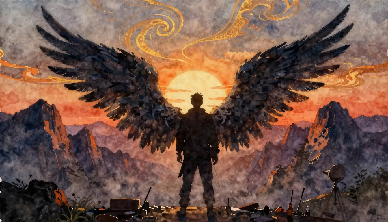 Watercolor style. A silhouette of a painter standing before ...