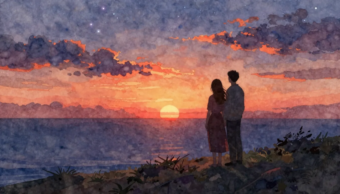 Watercolor style. A silhouette of a couple standing on a hil...