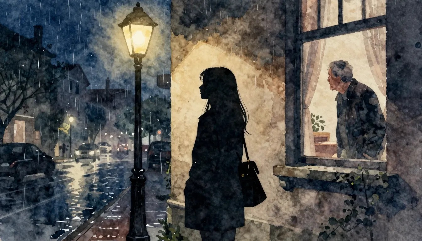 Watercolor style. A silhouette of a young woman standing und...