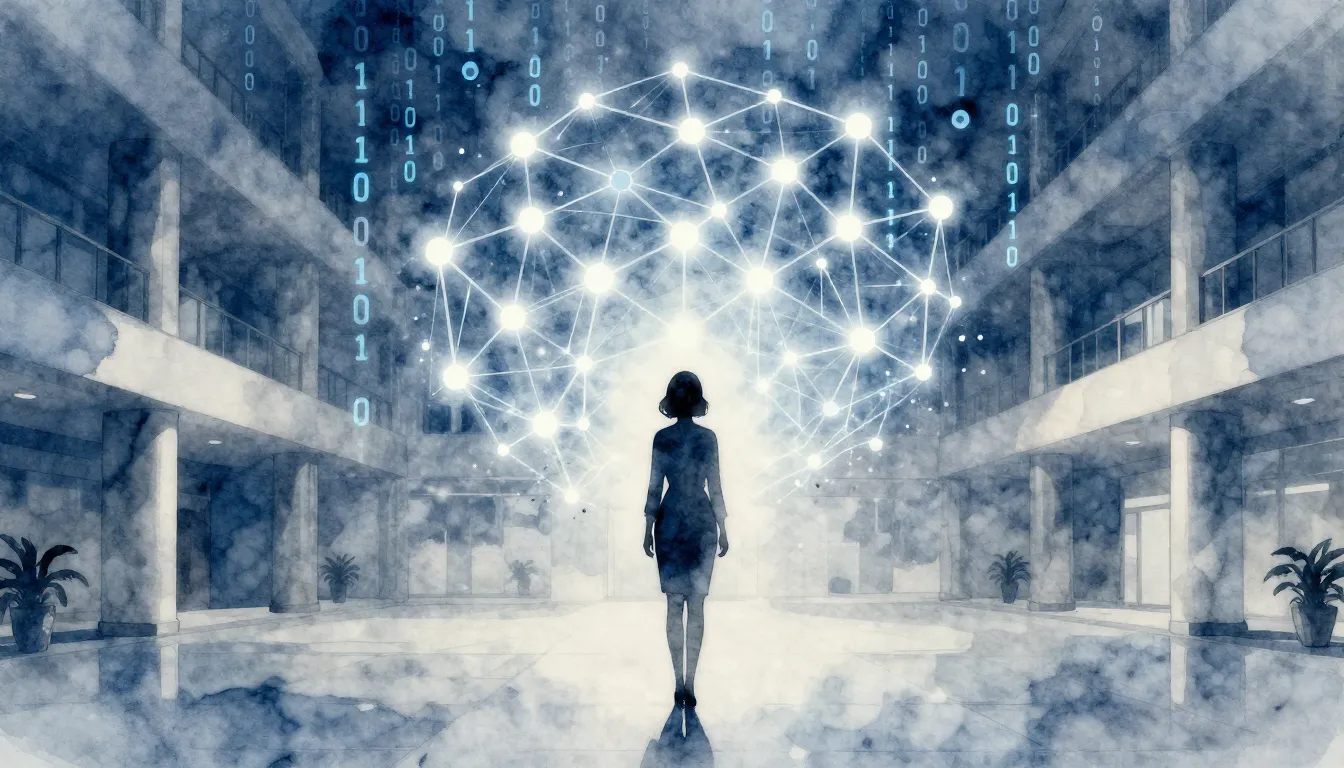 Watercolor style. A silhouette of a woman standing before a ...