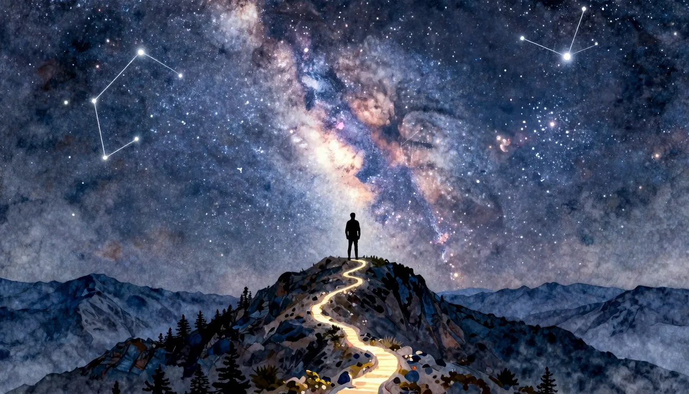 Watercolor style. A single silhouette stands on a mountain p...