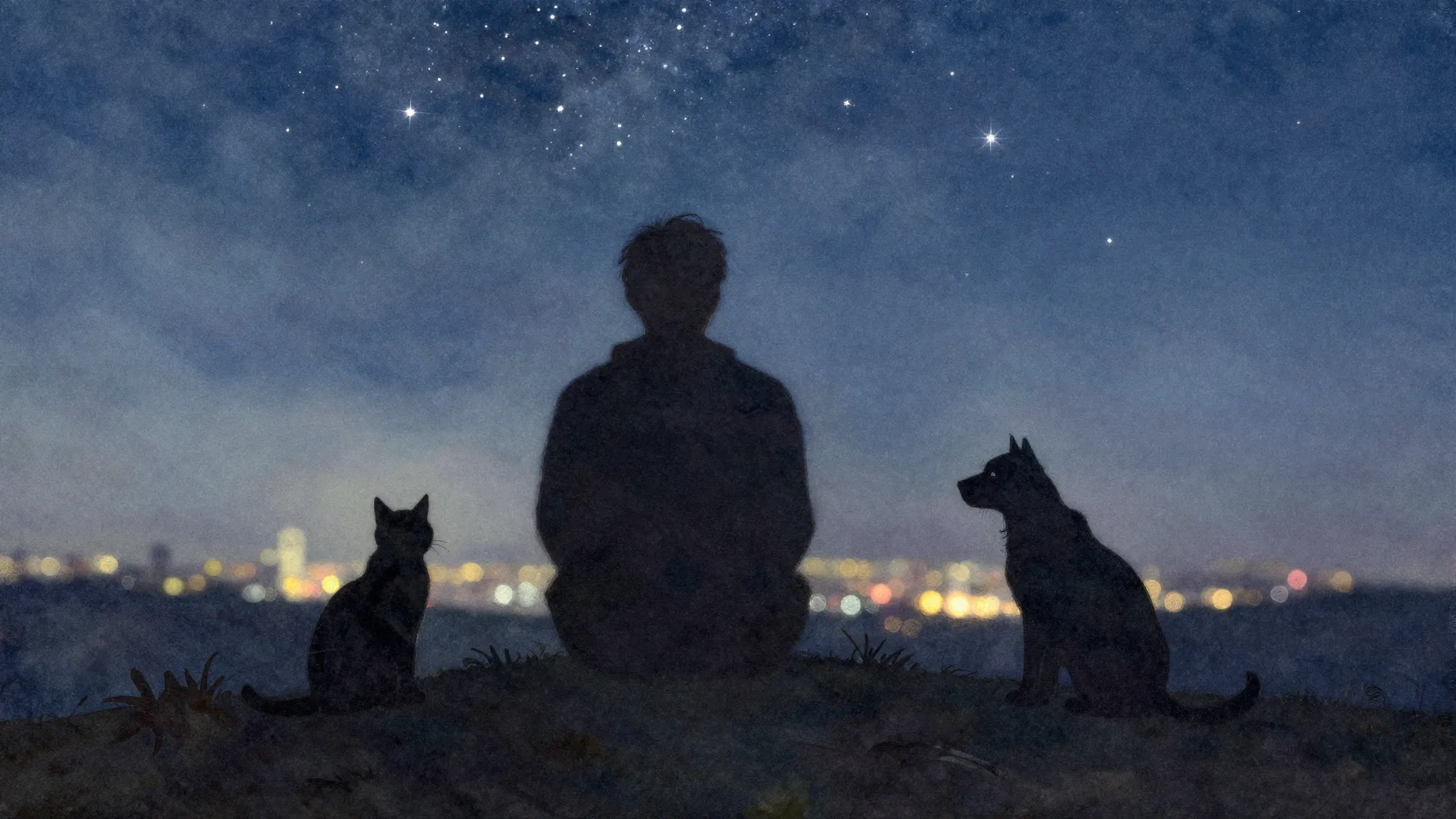 Watercolor style. A silhouette of a person sitting on a hill...