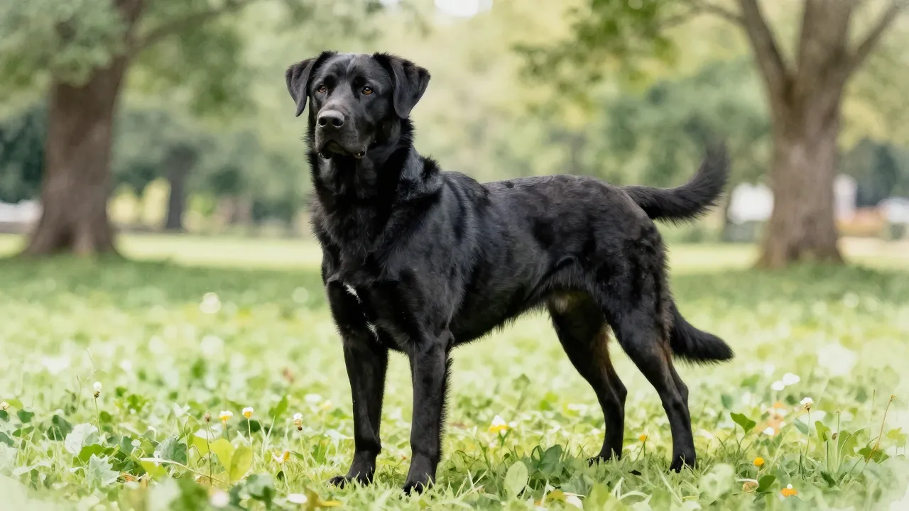 Watercolor style. A majestic black dog with a shiny coat sta...
