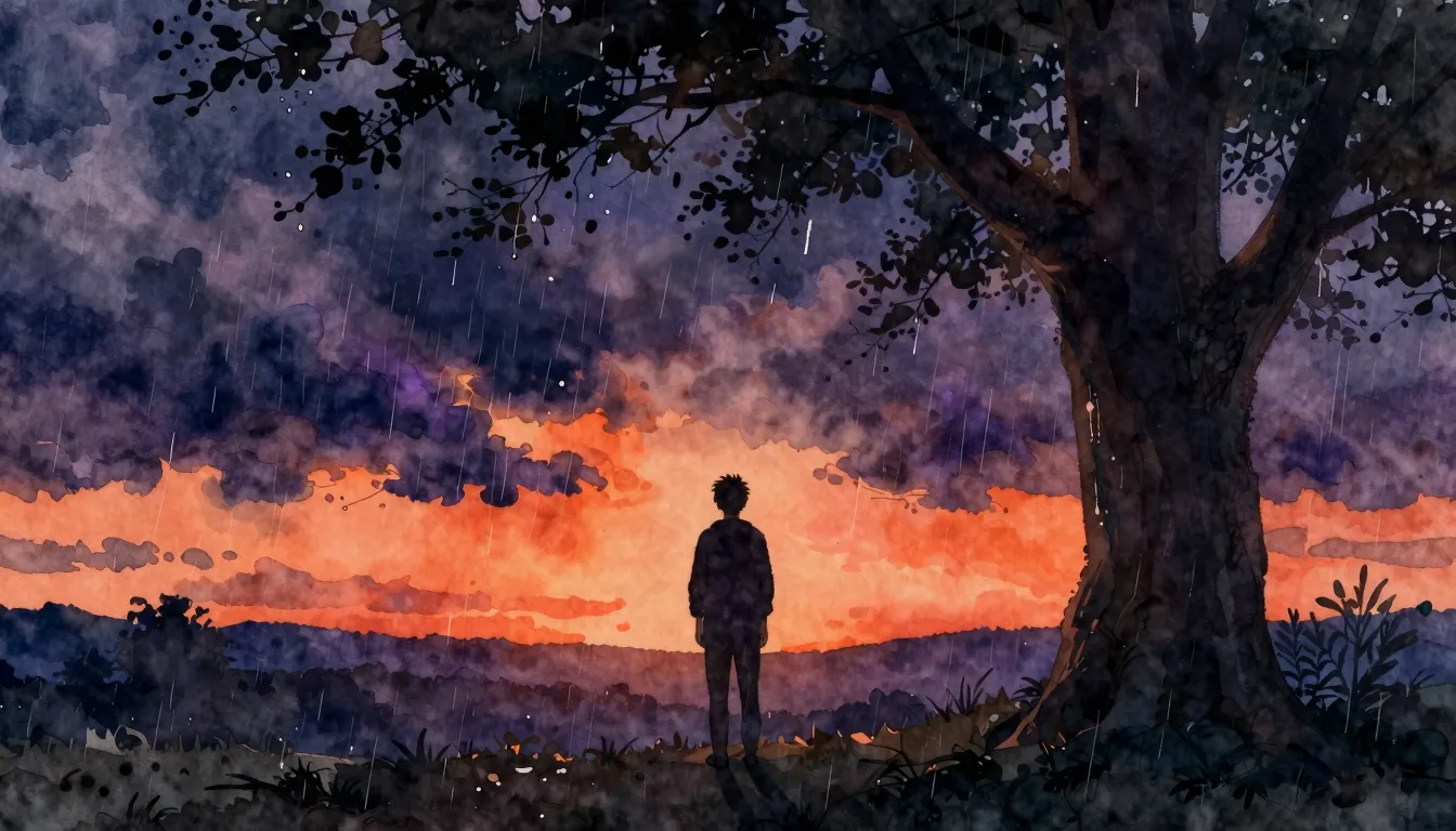 Watercolor style. A silhouette of a person standing under a ...