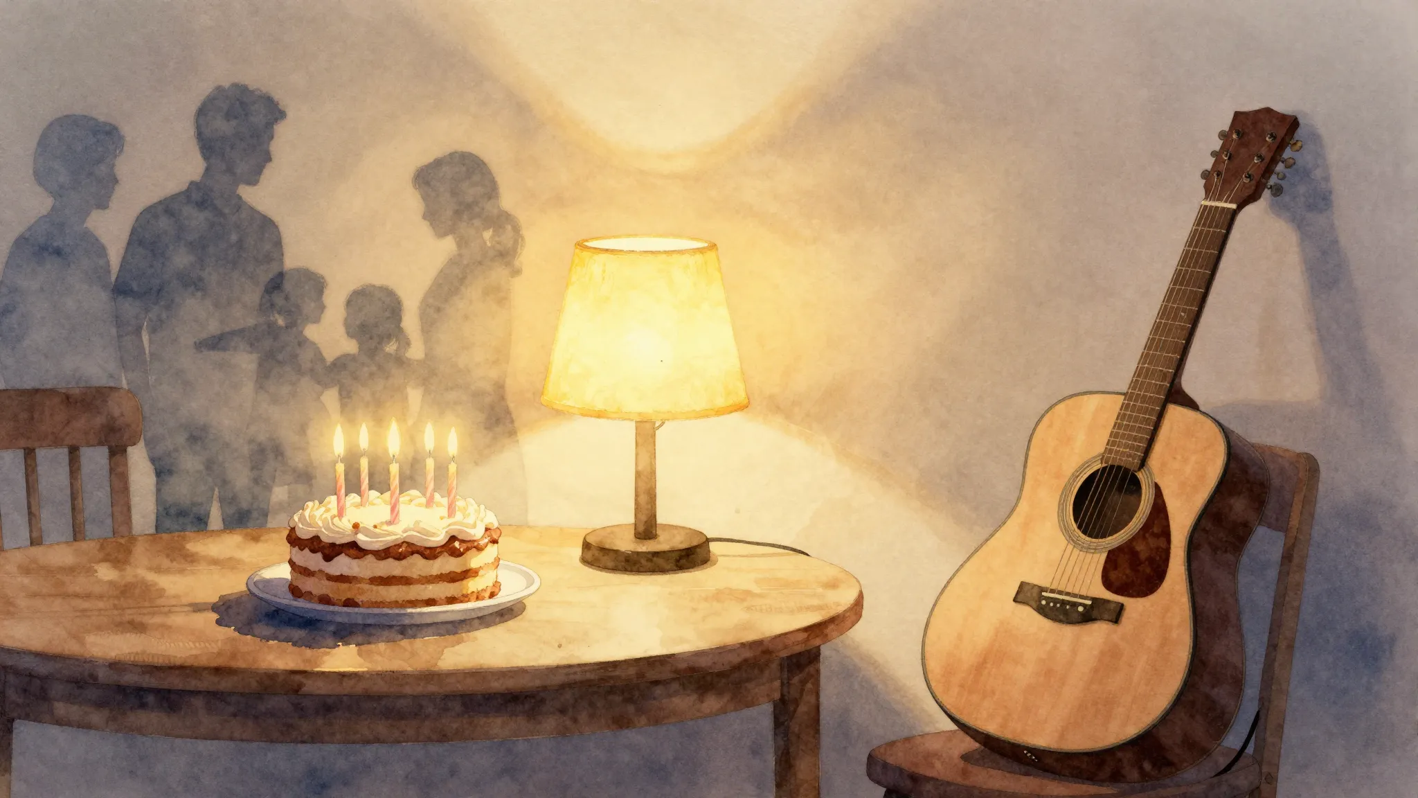 Watercolor style. A cozy room with a warm glowing lamp, a ta...