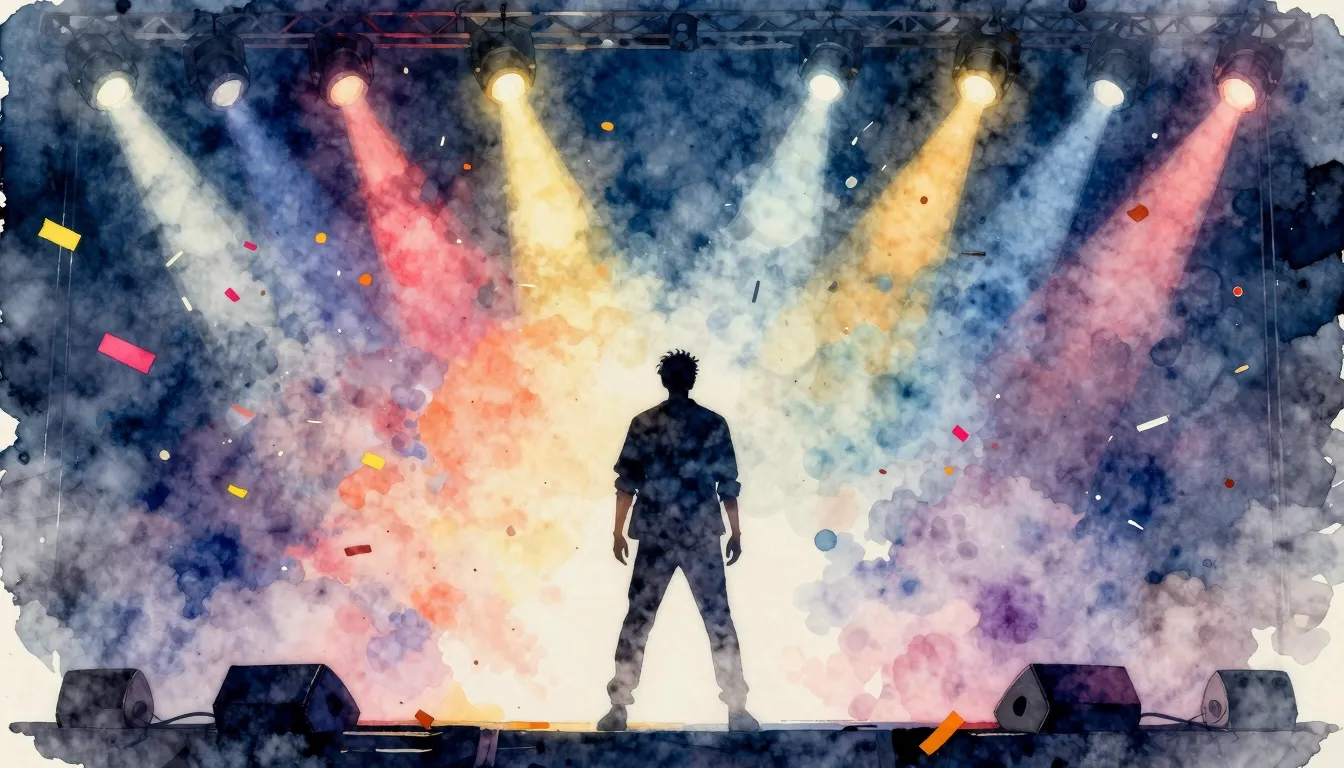 Watercolor style. A silhouette of a man standing on a stage ...