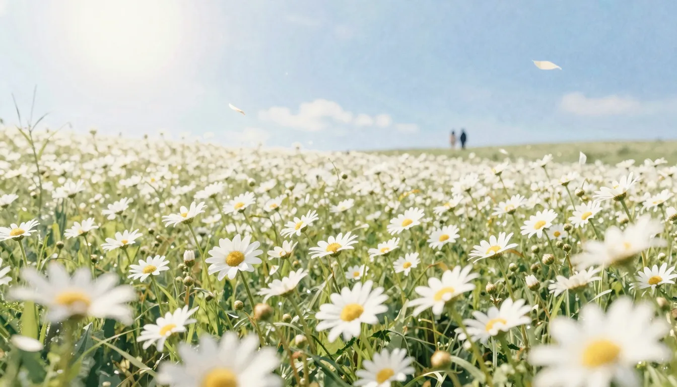 Watercolor style. A vast field of white chamomiles under a b...