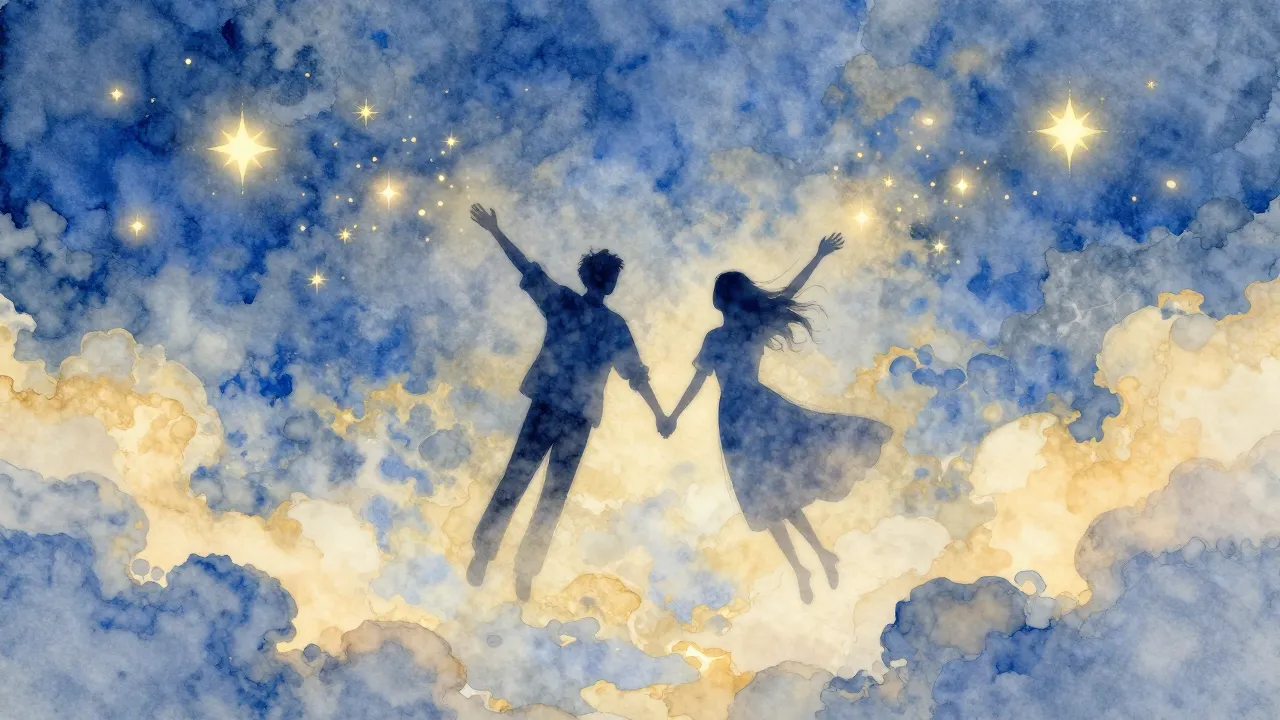 Watercolor style. Digital art, silhouette of a couple flying...