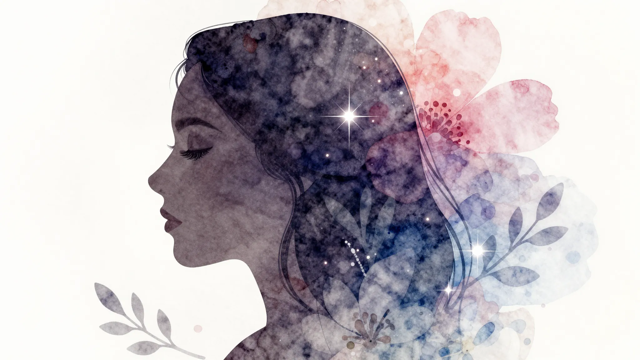 Watercolor style. A stylized silhouette of a woman's profile...