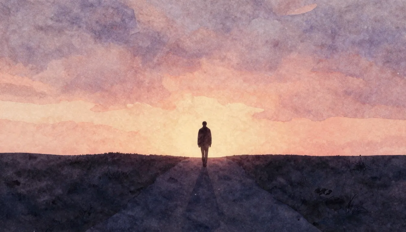 Watercolor style. A dark silhouette of a person walking on a...