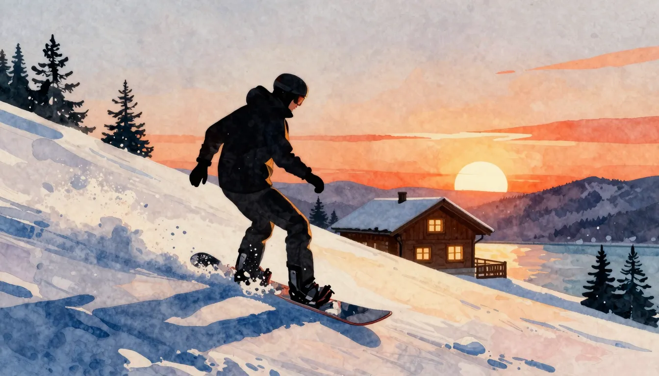 Watercolor style. A silhouette of a man snowboarding down a ...