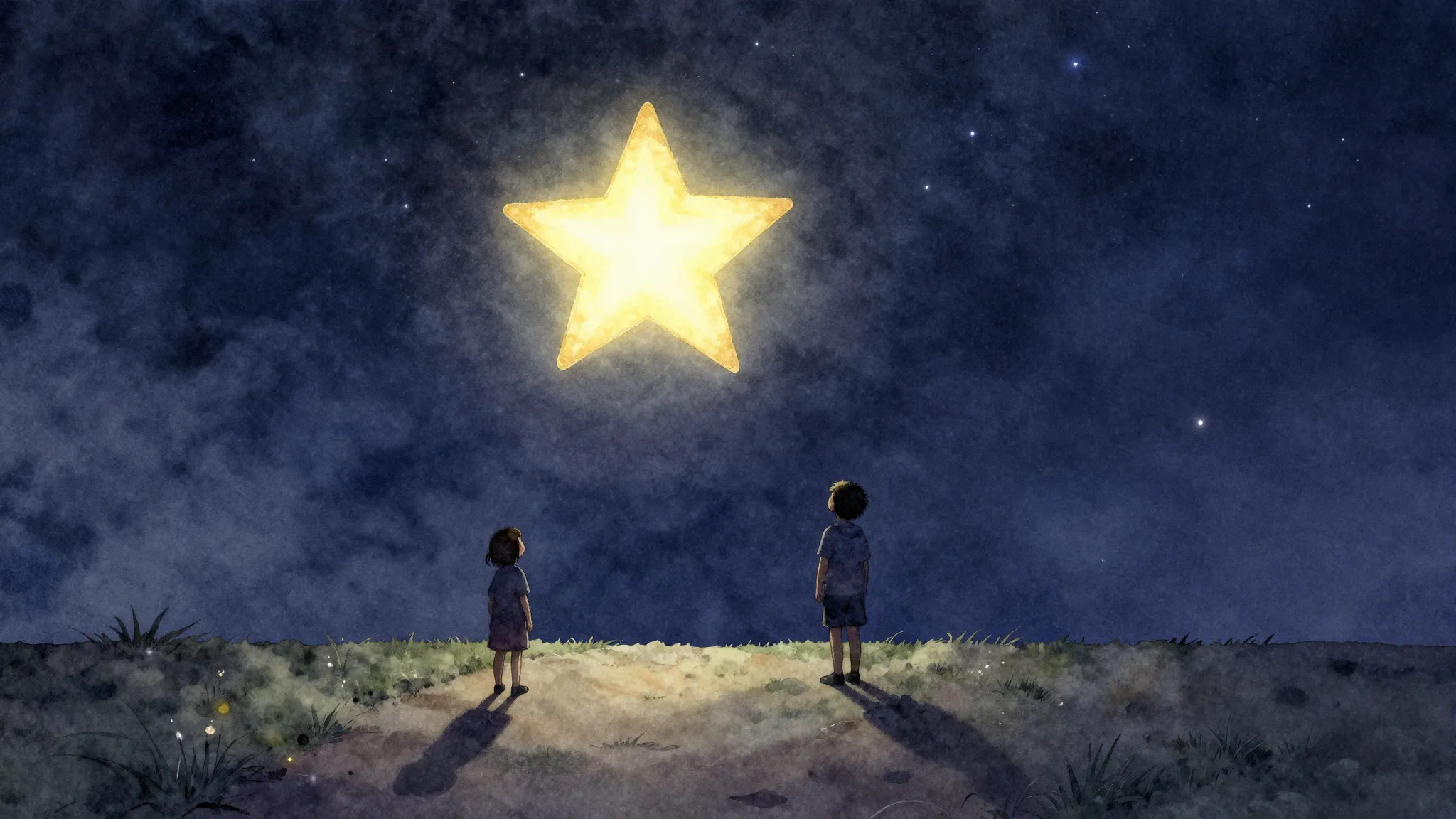 Watercolor style. A glowing star in the dark night sky, illu...