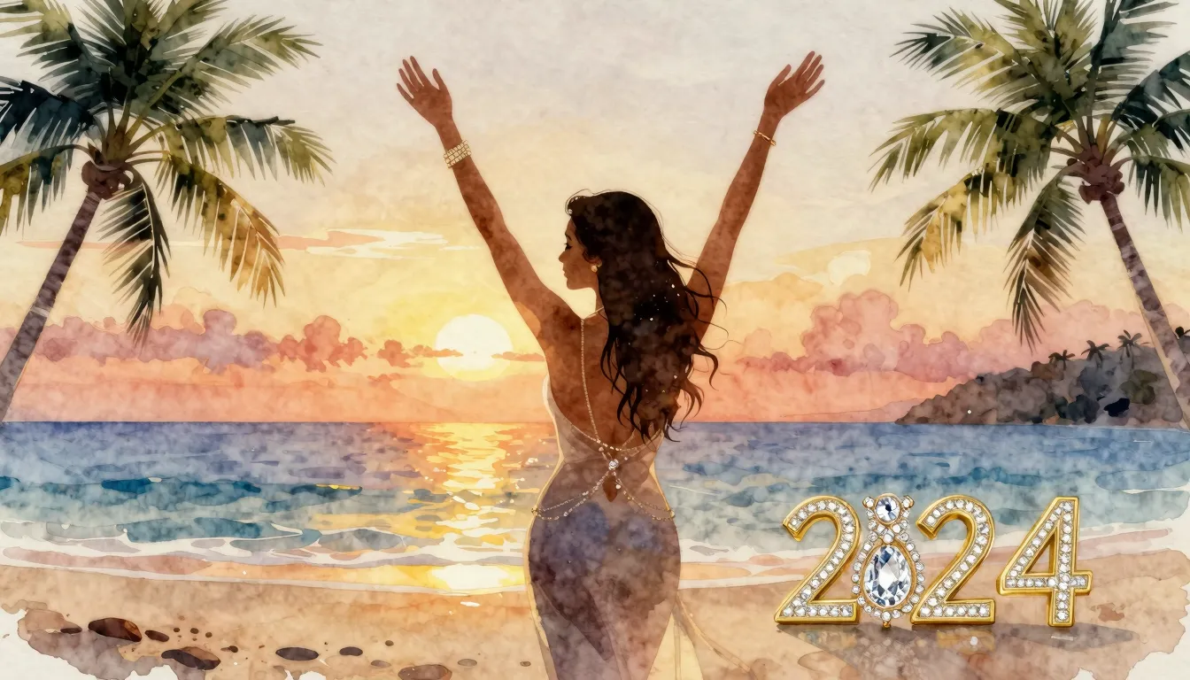 Watercolor style. A silhouette of a woman celebrating on a t...