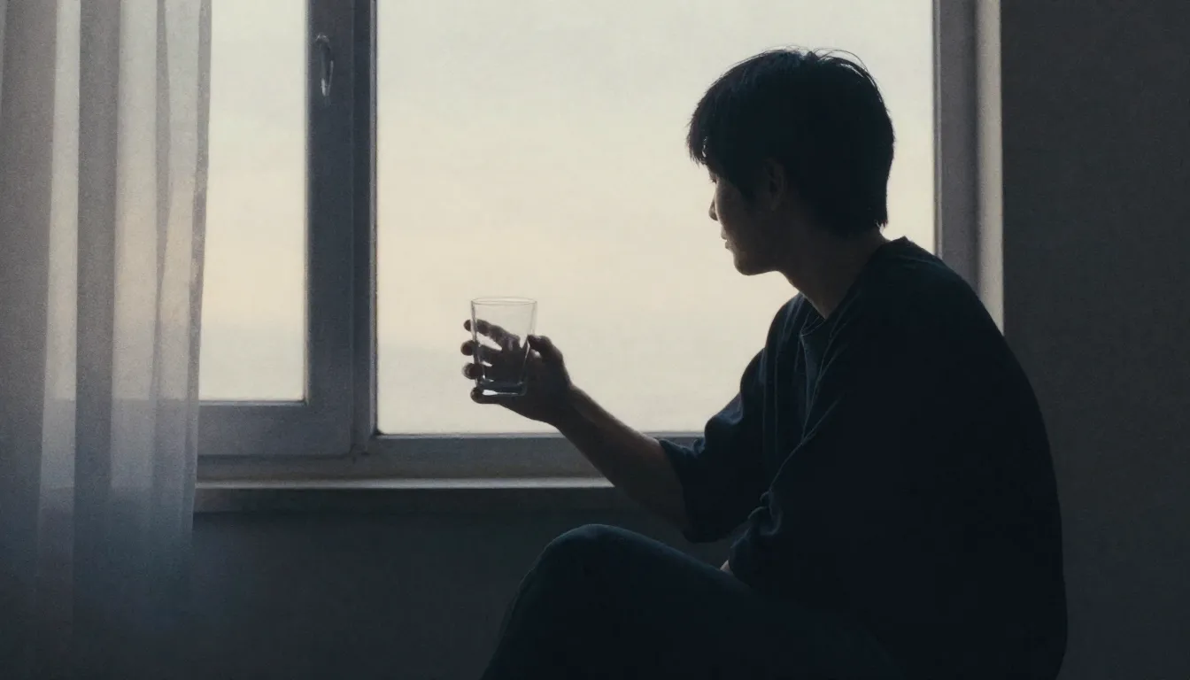 Watercolor style. A dark silhouette of a person sitting near...