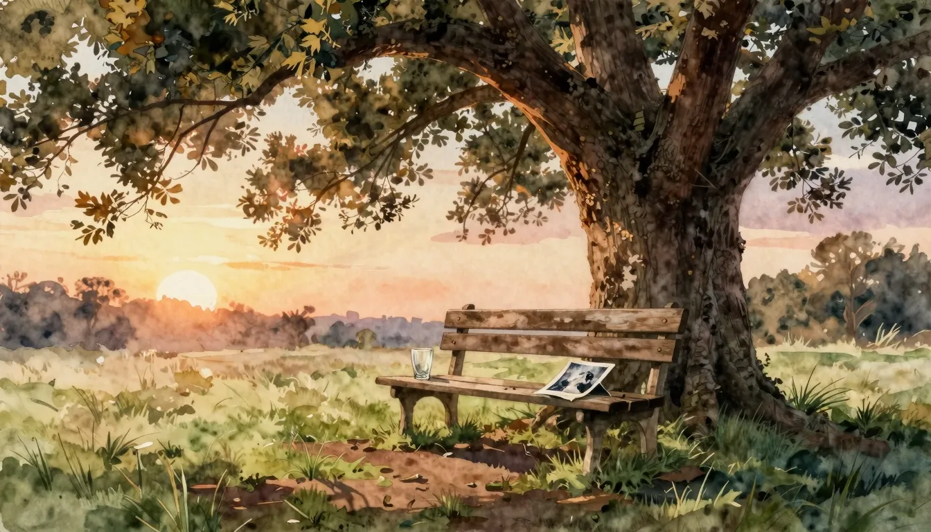 Watercolor style. A lonely wooden bench under a massive old ...