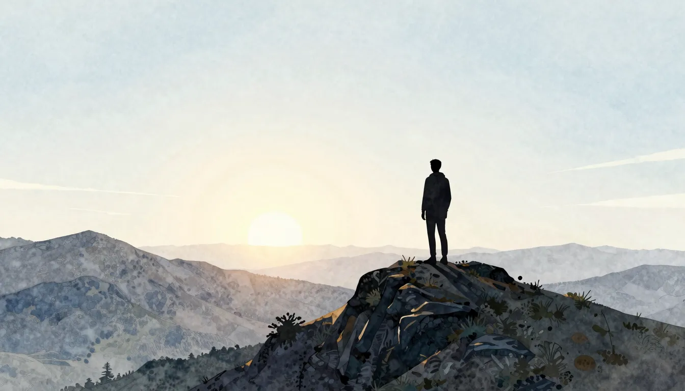 Watercolor style. Silhouette of a figure standing on a mount...