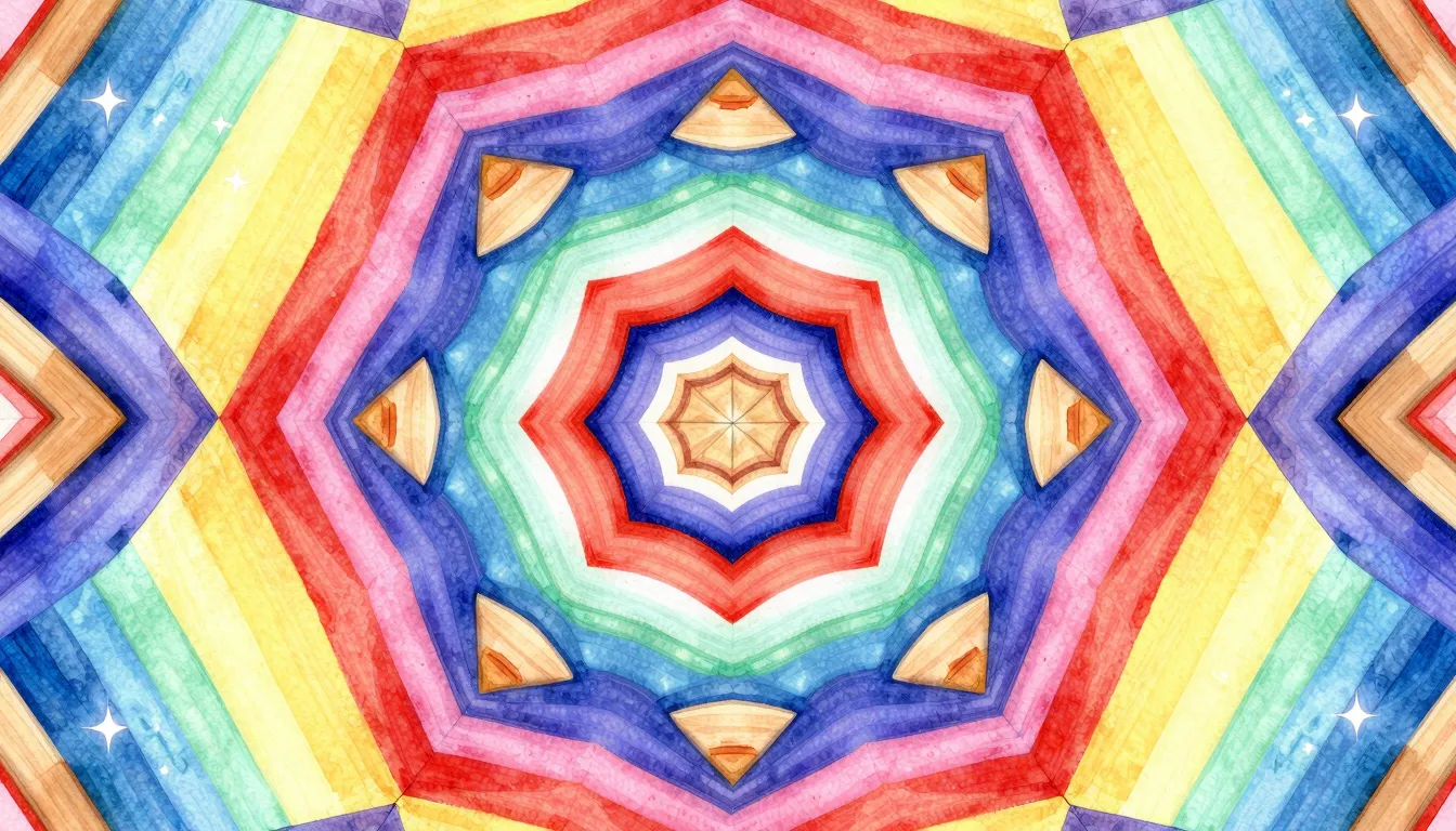 Watercolor style. A vibrant, colorful kaleidoscope pattern w...