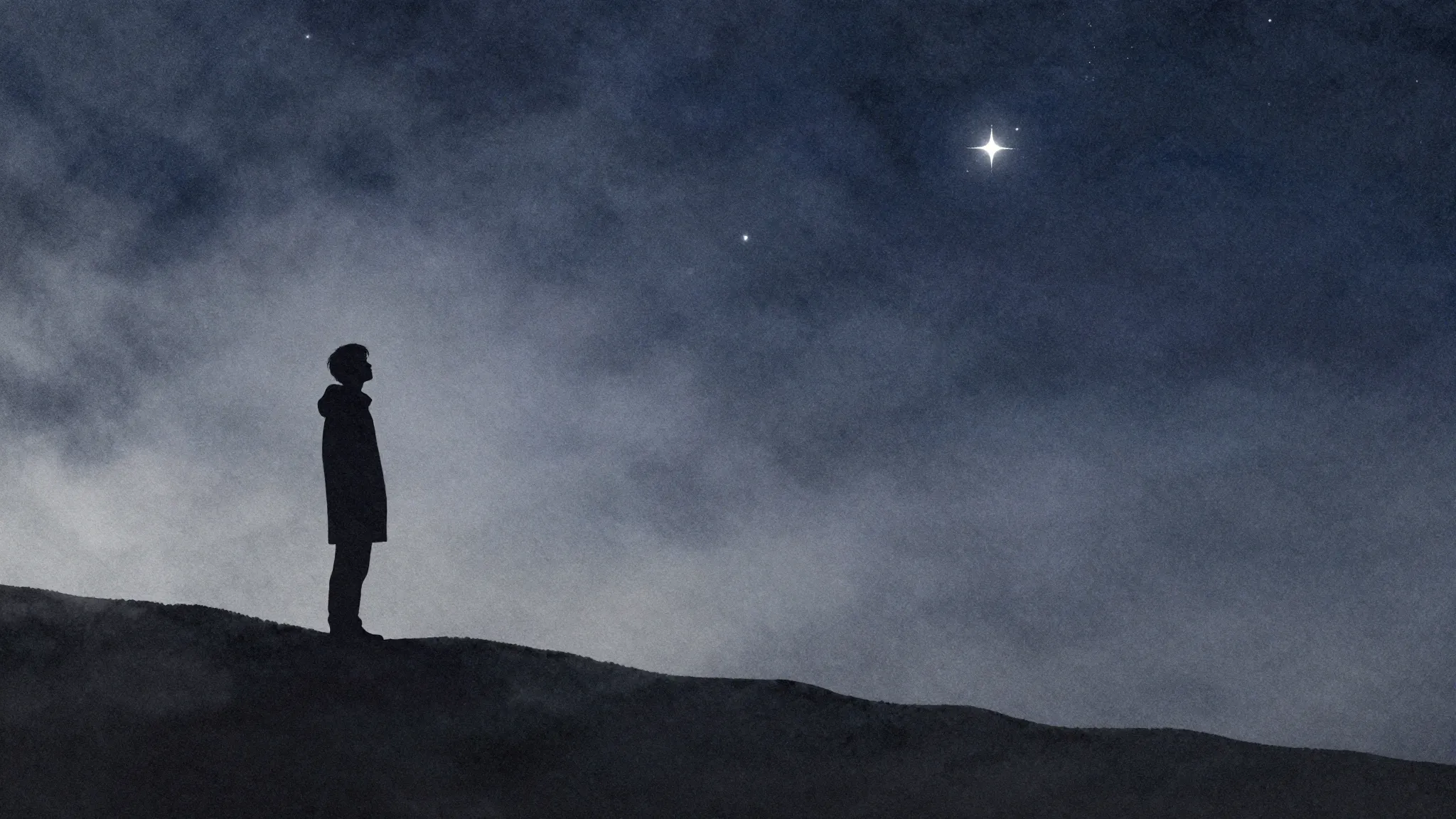 Watercolor style. A lonely silhouette stands on a hill, look...