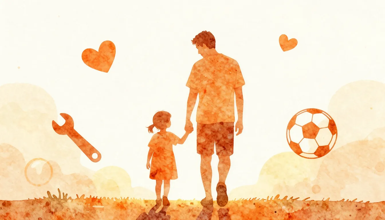 Watercolor style. A warm silhouette of a father and a child ...