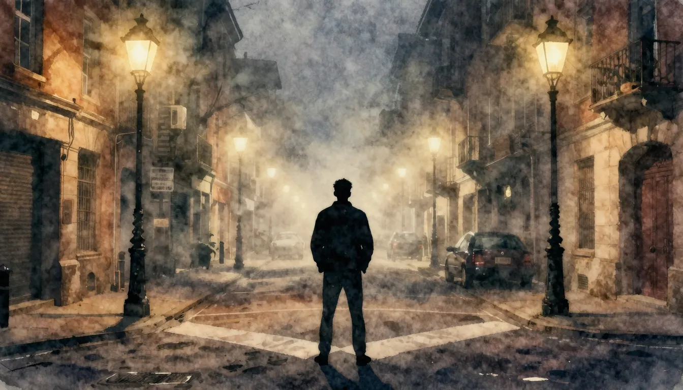 Watercolor style. A silhouette of a man standing at a crossr...