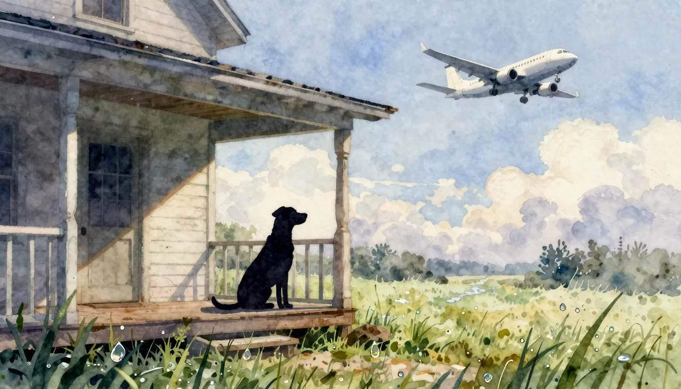 Watercolor style. A silhouette of a dog sitting on a porch o...