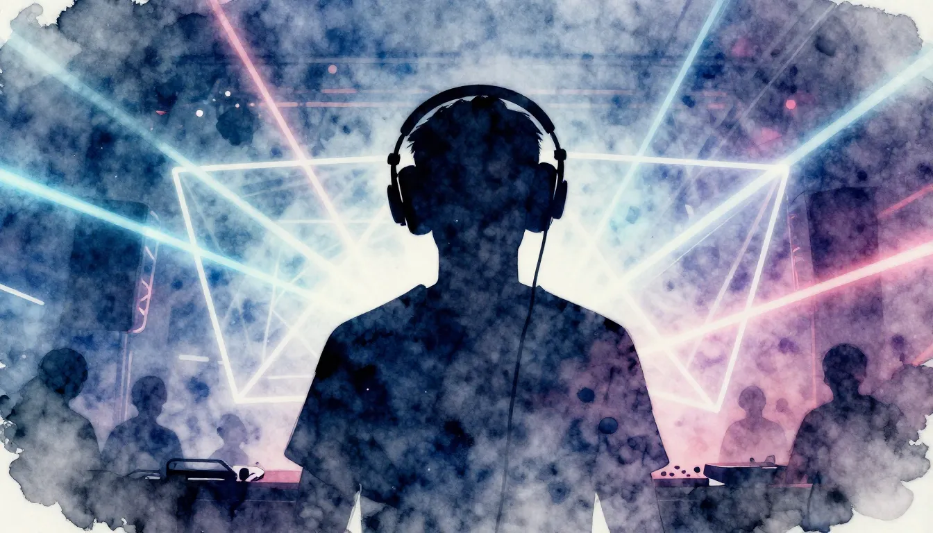 Watercolor style. Silhouette of a person wearing headphones ...