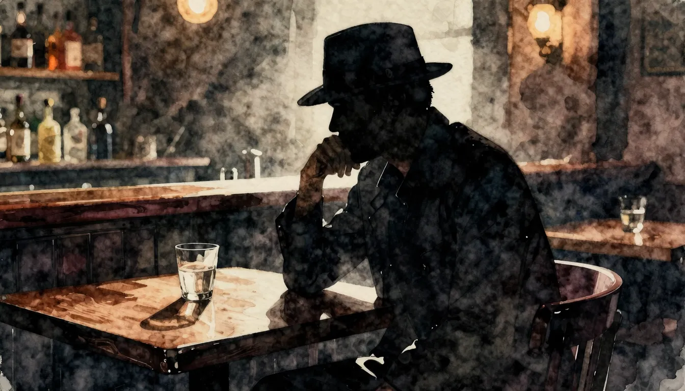 Watercolor style. A silhouette of a man in a fedora hat sitt...