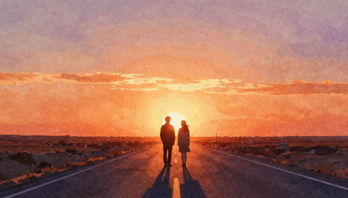 Watercolor style. A silhouette of a couple standing on a lon...